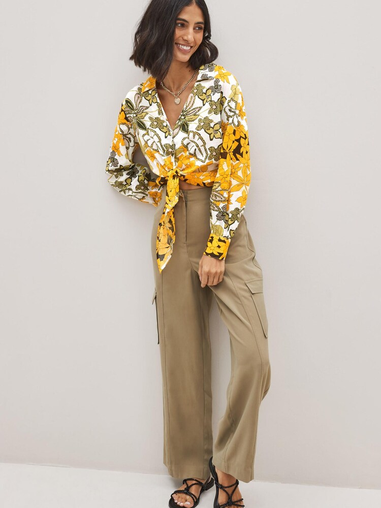 Orange & Green Floral Tie Front Collared Long Sleeve Shirt - Image 2 of 5