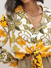 Orange & Green Floral Tie Front Collared Long Sleeve Shirt - Image 4 of 5