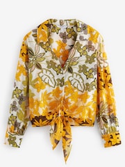 Orange & Green Floral Tie Front Collared Long Sleeve Shirt - Image 5 of 5