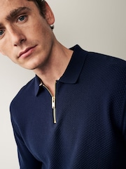 Navy Blue Regular Knitted Textured Zip Neck Polo Shirt - Image 1 of 8