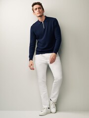 Navy Blue Regular Knitted Textured Zip Neck Polo Shirt - Image 2 of 8
