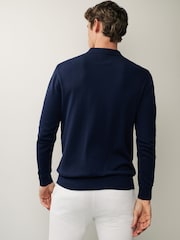 Navy Blue Regular Knitted Textured Zip Neck Polo Shirt - Image 3 of 8