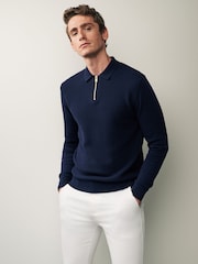 Navy Blue Regular Knitted Textured Zip Neck Polo Shirt - Image 4 of 8