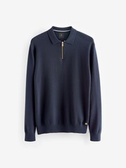 Navy Blue Regular Knitted Textured Zip Neck Polo Shirt - Image 6 of 8