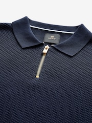 Navy Blue Regular Knitted Textured Zip Neck Polo Shirt - Image 7 of 8