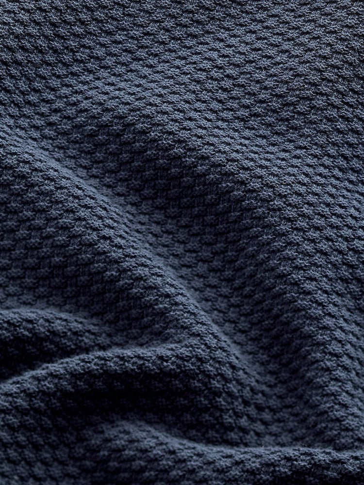 Navy Blue Regular Knitted Textured Zip Neck Polo Shirt - Image 8 of 8