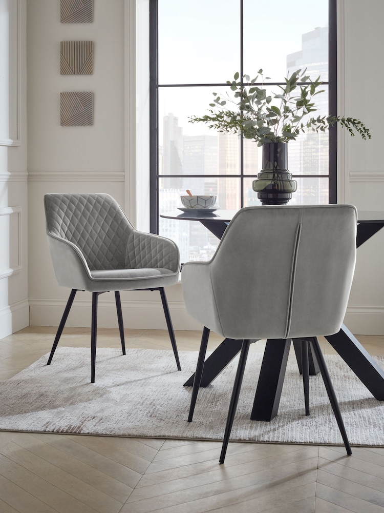Set of 2 Soft Velvet Mid Grey Hamilton Black Leg Quilted Dining Chairs - Image 1 of 9