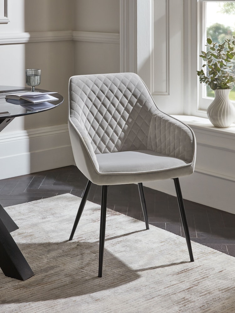 Set of 2 Soft Velvet Mid Grey Hamilton Black Leg Quilted Dining Chairs - Image 2 of 9