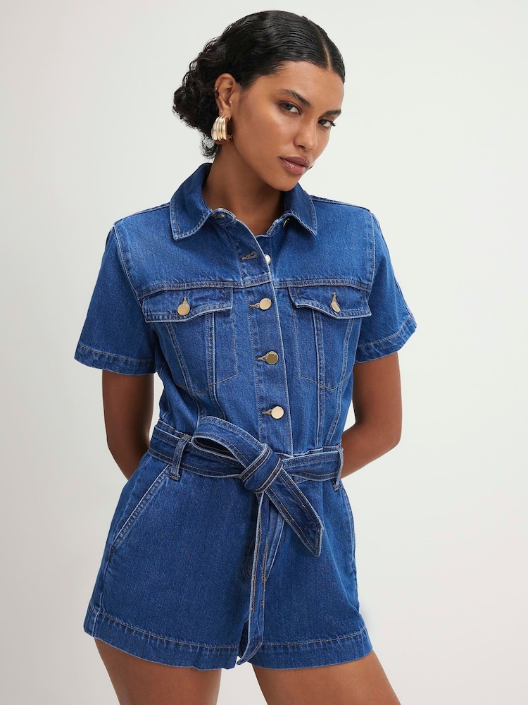 River Island Blue Short Sleeve Belted Denim Playsuit - Image 1 of 4