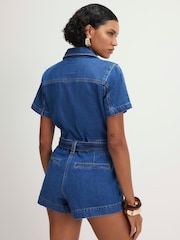 River Island Blue Short Sleeve Belted Denim Playsuit - Image 2 of 4