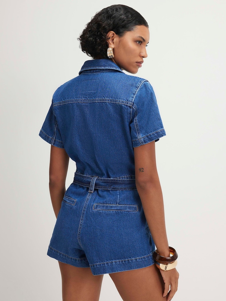River Island Blue Short Sleeve Belted Denim Playsuit - Image 2 of 4