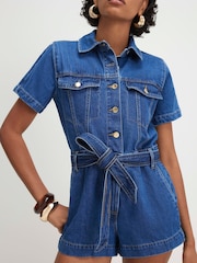 River Island Blue Short Sleeve Belted Denim Playsuit - Image 4 of 4