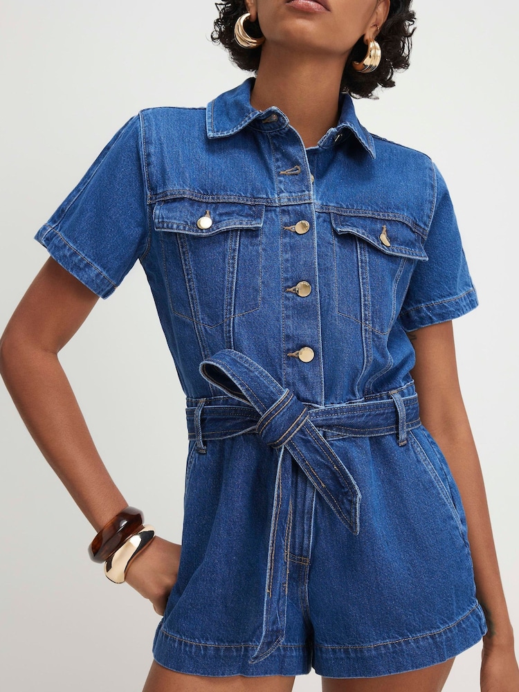 River Island Blue Short Sleeve Belted Denim Playsuit - Image 4 of 4