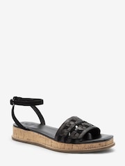 Black Extra Wide Fit Forever Comfort® Leather Platform Sandals with Woven Detail - Image 3 of 5