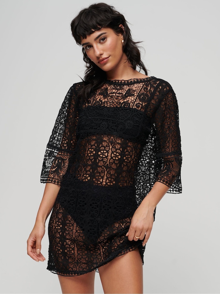 Superdry Black Beach Cover Up Lace Mini Dress - Image 1 of 3 Superdry Black Beach Cover Up Lace Mini Dress - Image 1 of 3