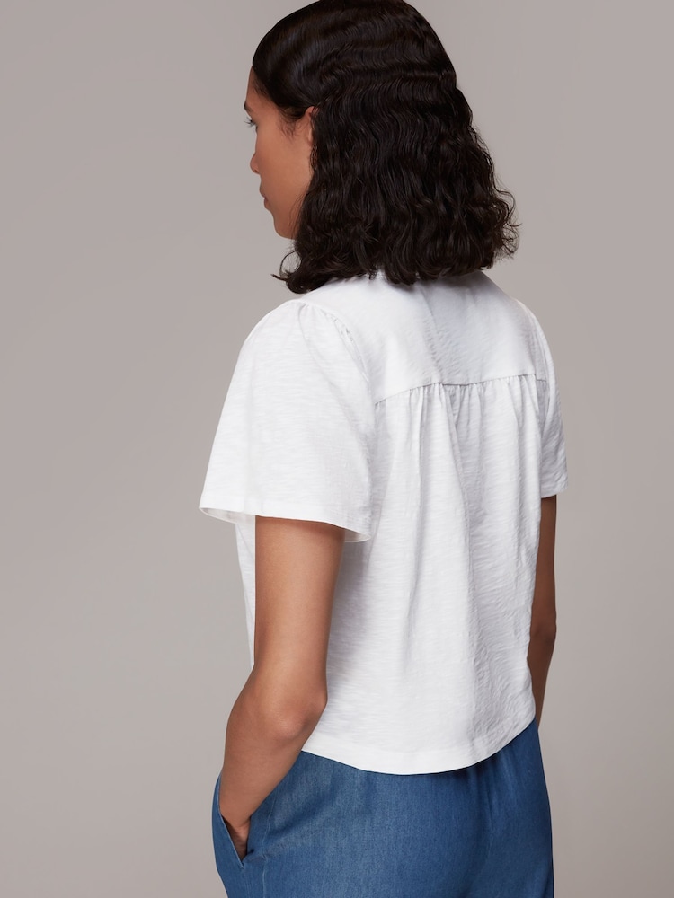 Whistles White 100% Cotton V-Neck Maeve Button Front T-Shirt - Image 2 of 5