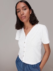 Whistles White 100% Cotton V-Neck Maeve Button Front T-Shirt - Image 3 of 5