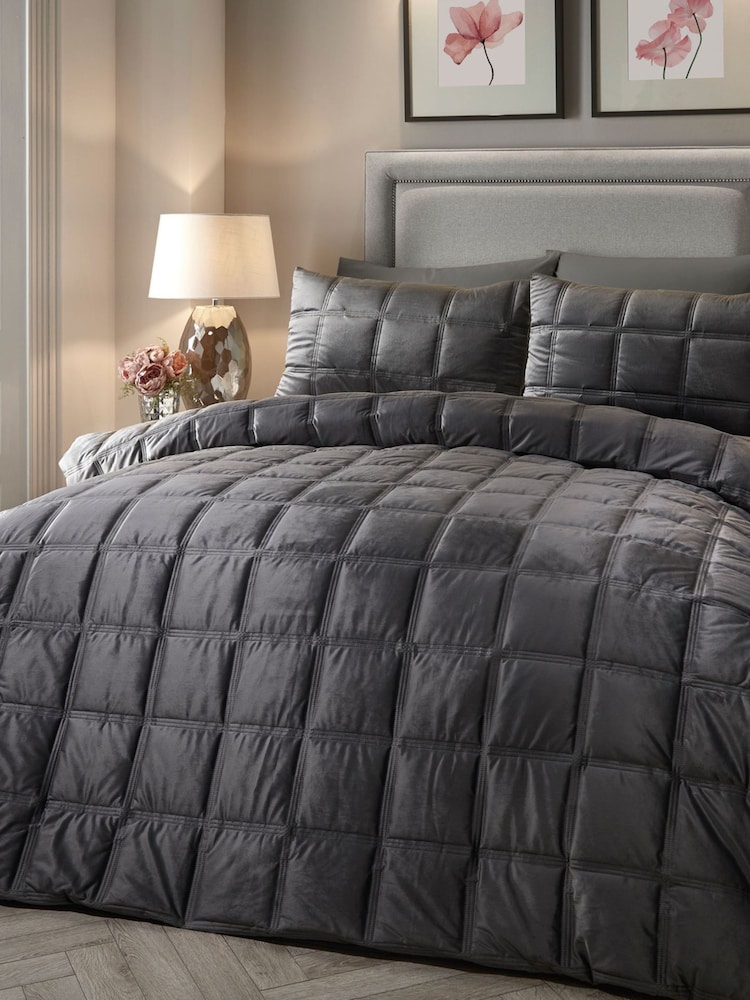 Soiree Grey Brighton Square Velvet Duvet Cover Set - Image 1 of 3 Soiree Grey Brighton Square Velvet Duvet Cover Set - Image 1 of 3