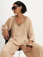 River Island Brown Long Sleeve Notch Neck Blouse - Image 1 of 4