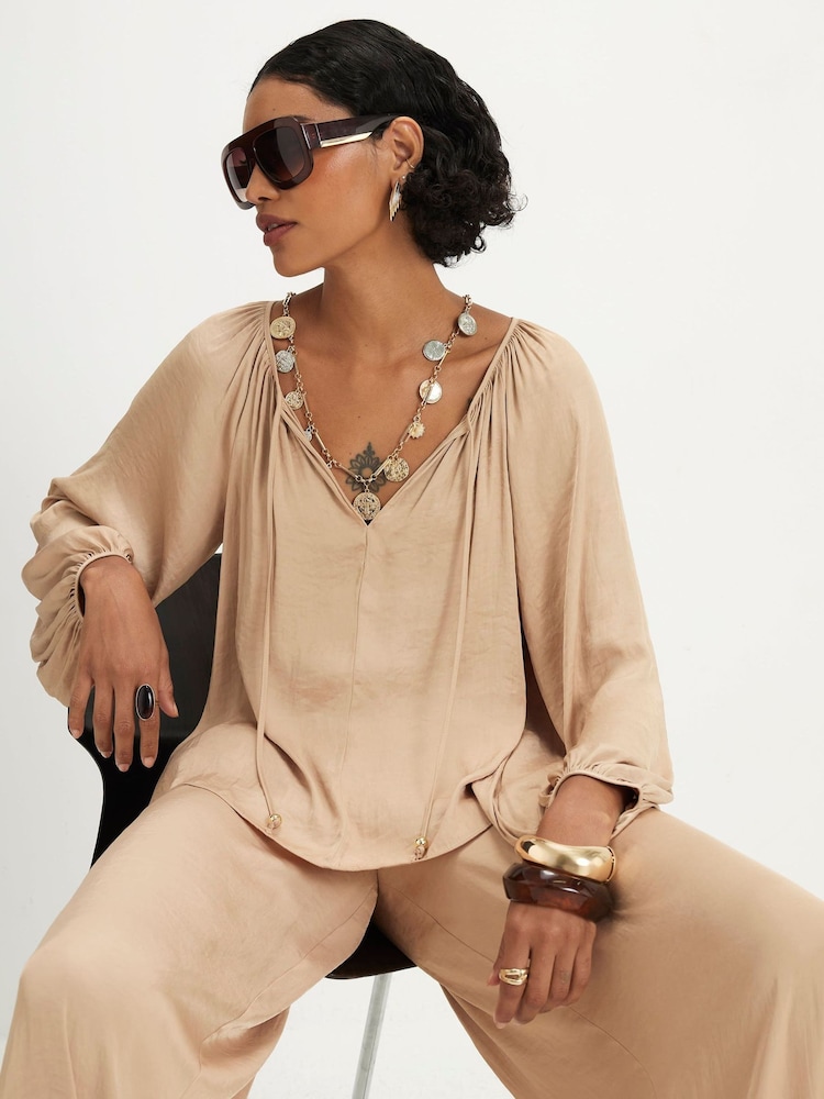 River Island Brown Long Sleeve Notch Neck Blouse - Image 1 of 4