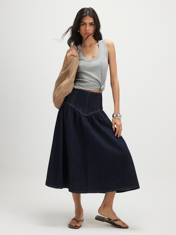 River Island Blue Denim A-line Midi Skirt - Image 1 of 4 River Island Blue Denim A-line Midi Skirt - Image 1 of 4