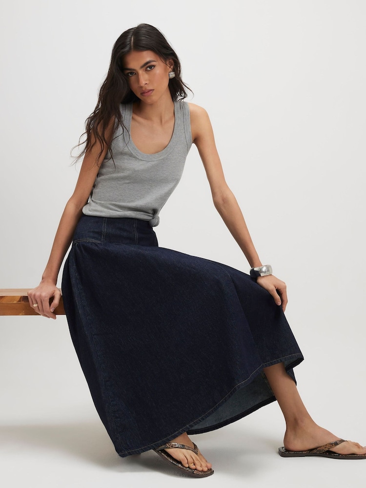 River Island Blue Denim A-line Midi Skirt - Image 4 of 4 River Island Blue Denim A-line Midi Skirt - Image 4 of 4