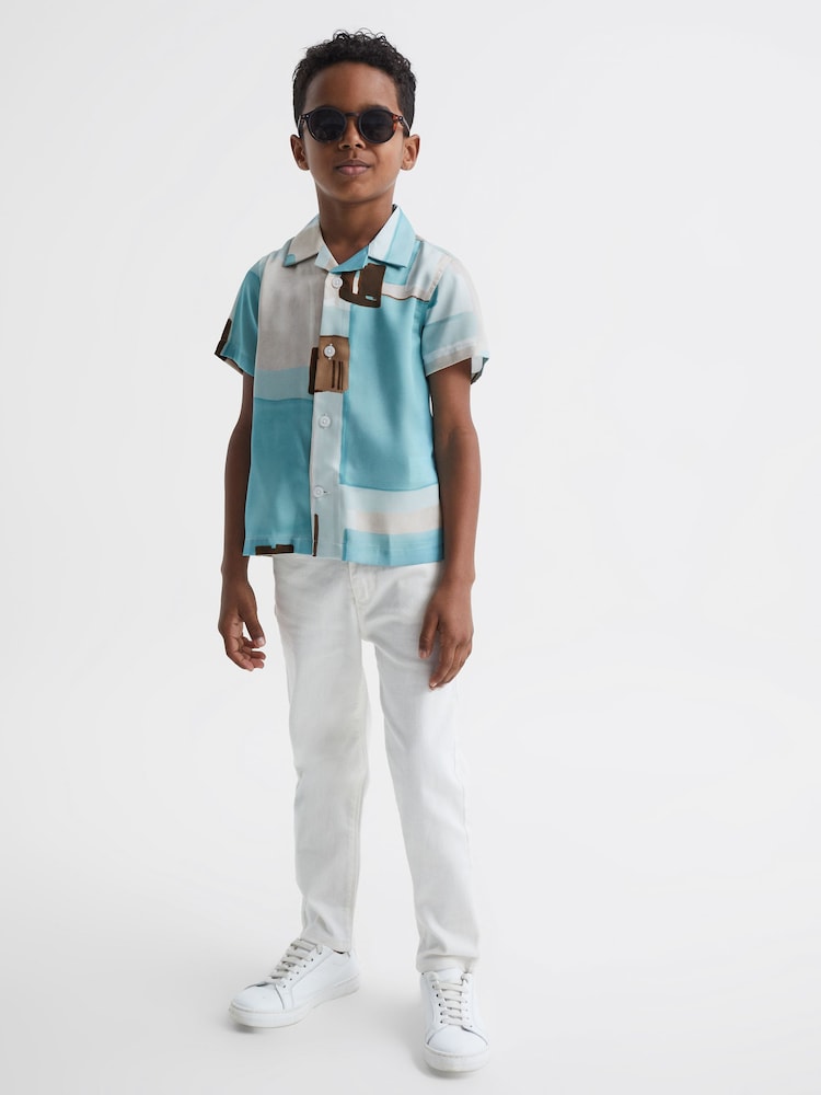 Reiss Teal Deekay 9-12 yrs Slim Fit Cuban Collar Abstract Print Shirt - Image 1 of 6