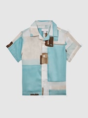 Reiss Teal Deekay 9-12 yrs Slim Fit Cuban Collar Abstract Print Shirt - Image 2 of 6