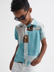 Reiss Teal Deekay 9-12 yrs Slim Fit Cuban Collar Abstract Print Shirt - Image 3 of 6