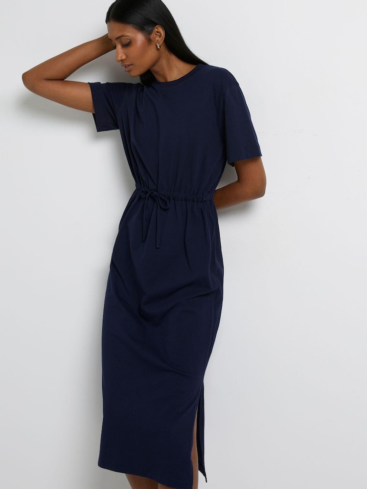 River Island Blue Lexi Drawstring T-Shirt Midi Dress - Image 1 of 5 River Island Blue Lexi Drawstring T-Shirt Midi Dress - Image 1 of 5