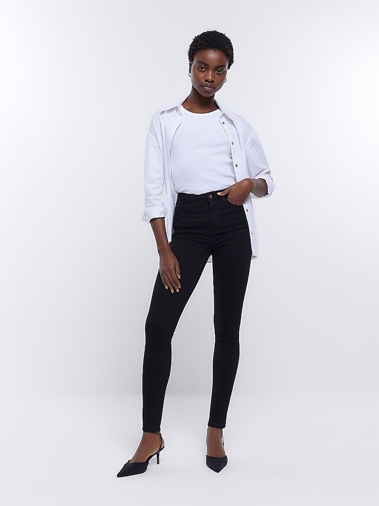 River Island Dark Black High Rise Skinny Jeans - Image 1 of 6
