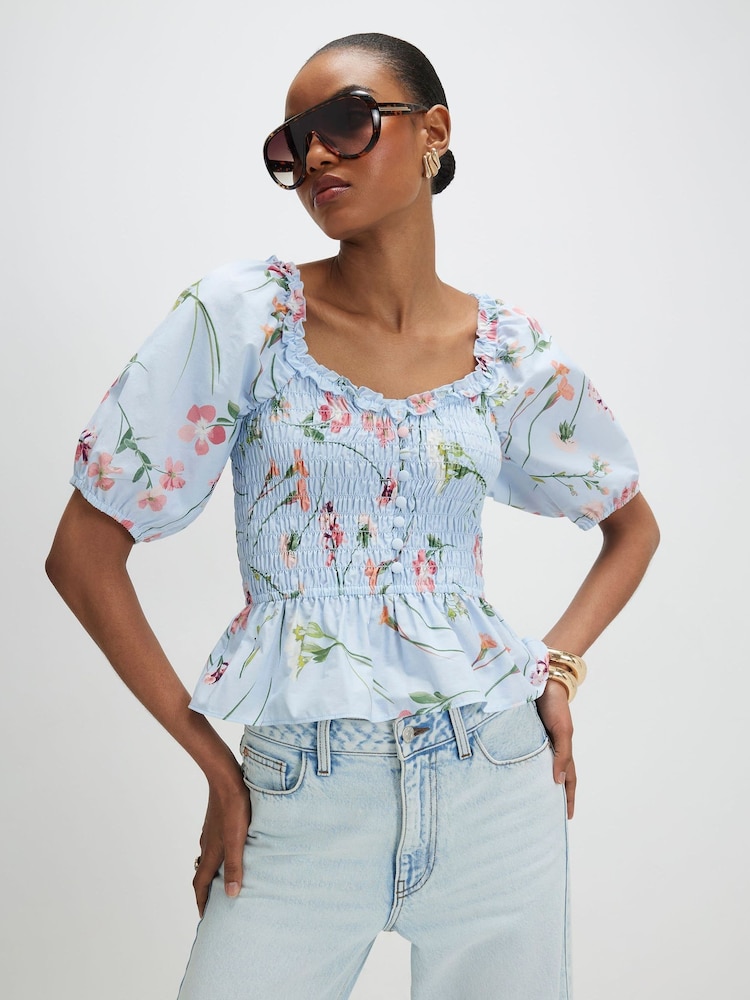 River Island Blue Floral Puff Sleeve Shirred Top - Image 1 of 4