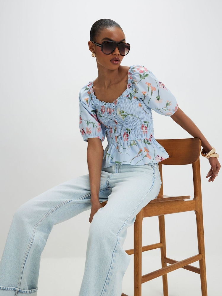 River Island Blue Floral Puff Sleeve Shirred Top - Image 4 of 4