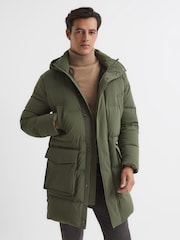 Reiss Khaki Skye Hooded Mid Length Puffer Jacket - Image 1 of 6