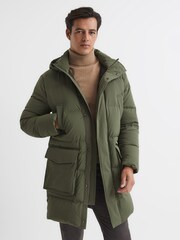 Reiss Khaki Skye Hooded Mid Length Puffer Jacket - Image 2 of 6
