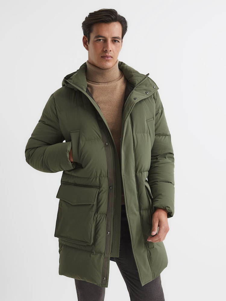 Reiss Khaki Skye Hooded Mid Length Puffer Jacket - Image 2 of 6