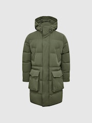 Reiss Khaki Skye Hooded Mid Length Puffer Jacket - Image 3 of 6