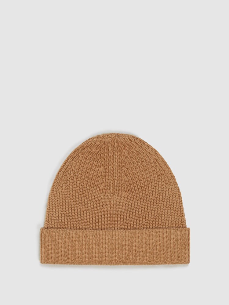 Reiss Camel Raff Wool Blend Beanie Hat - Image 1 of 4