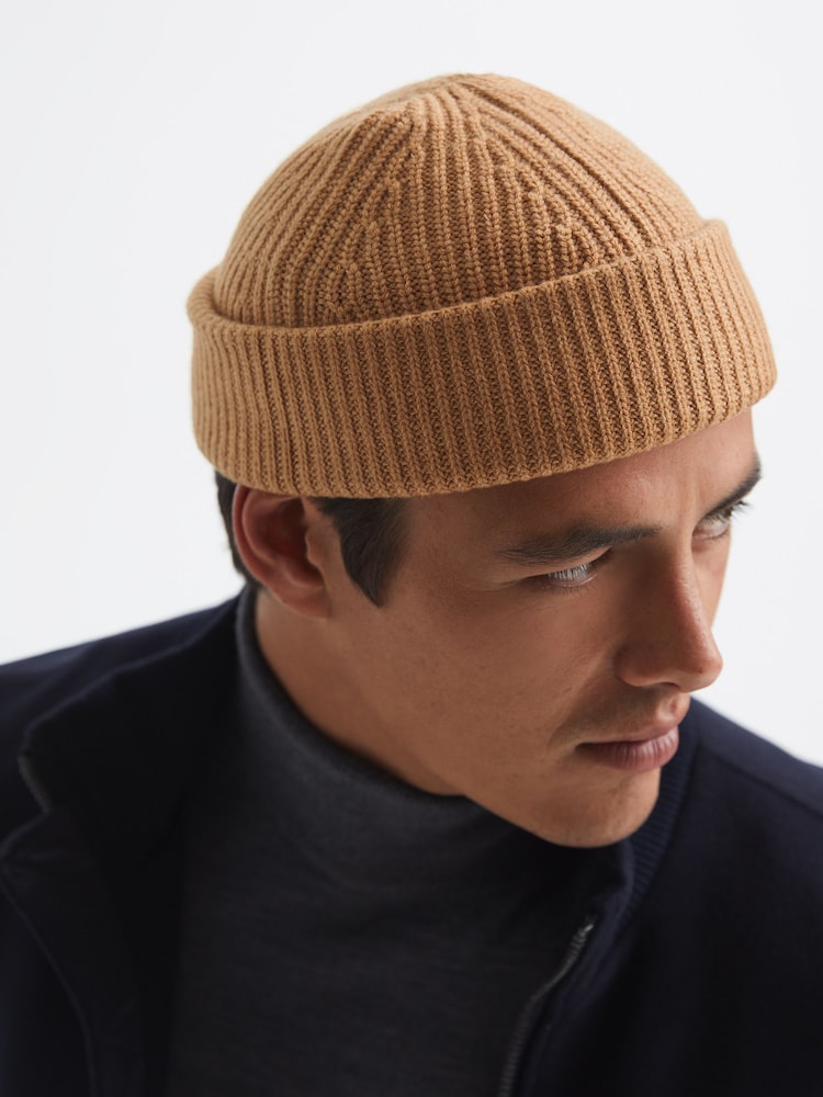 Reiss Camel Raff Wool Blend Beanie Hat - Image 2 of 4