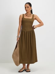 River Island Green Petite Square Neck Texture Midi Dress - Image 1 of 4