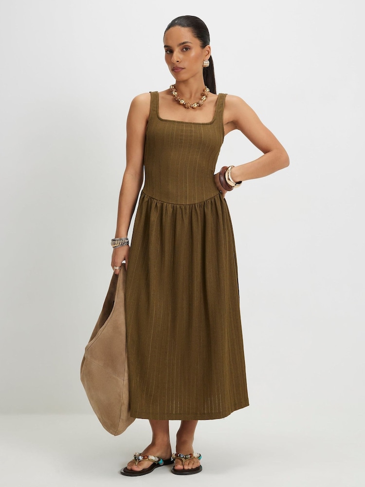 River Island Green Petite Square Neck Texture Midi Dress - Image 1 of 4 River Island Green Petite Square Neck Texture Midi Dress - Image 1 of 4