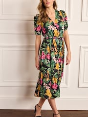 Floral Ruched Sleeve Satin Midi Dress - Image 2 of 5
