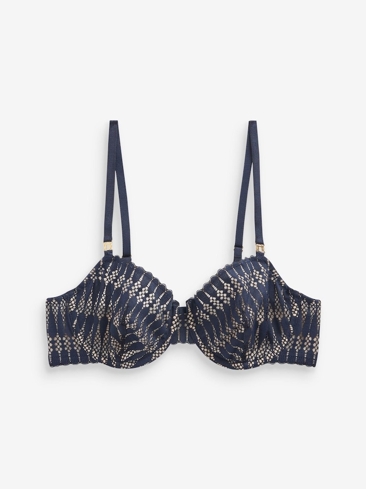 Navy Blue Non Pad Balcony Graphic Lace Non Pad Plunge Bra - Image 6 of 6