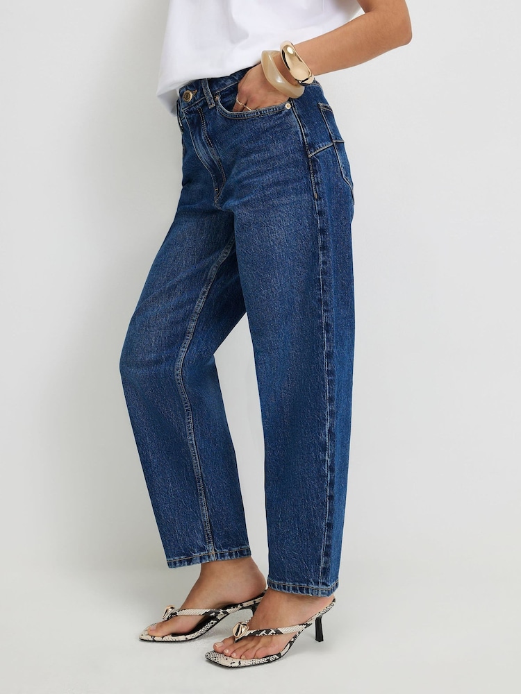 River Island Blue Petite High Rise Barrel Leg Jeans - Image 1 of 4 River Island Blue Petite High Rise Barrel Leg Jeans - Image 1 of 4