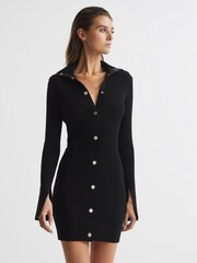 Reiss Black Rhiannon Ribbed Button Collar Mini Dress - Image 3 of 8