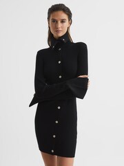 Reiss Black Rhiannon Ribbed Button Collar Mini Dress - Image 7 of 8