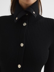Reiss Black Rhiannon Ribbed Button Collar Mini Dress - Image 8 of 8
