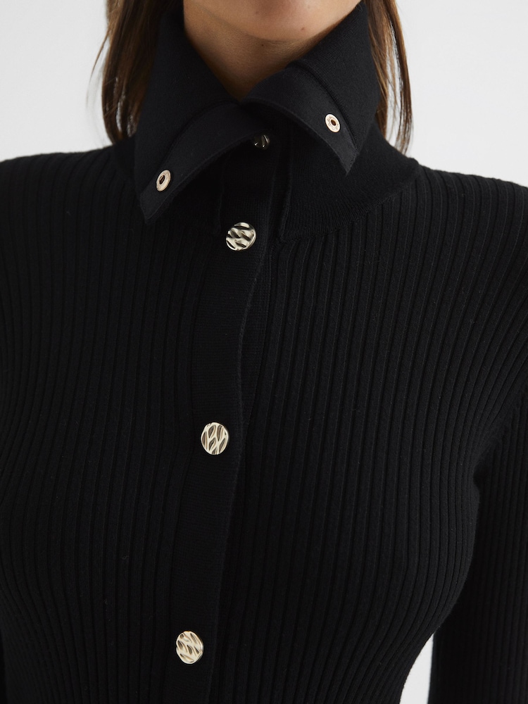 Reiss Black Rhiannon Ribbed Button Collar Mini Dress - Image 8 of 8