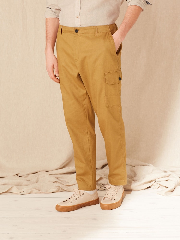 Tan Brown Linen Blend Cargo Trousers - Image 1 of 6