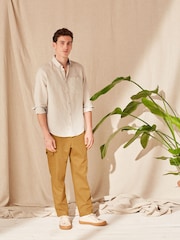 Tan Brown Linen Blend Cargo Trousers - Image 3 of 6